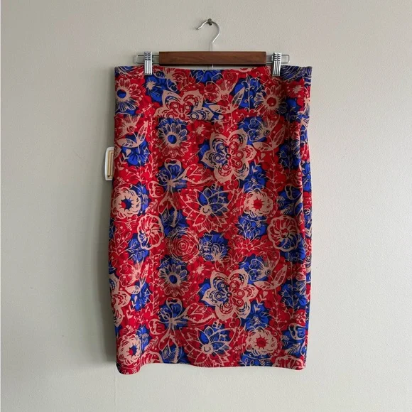 NWT LuLaRoe Red Tan Blue Floral Pencil Skirt - Picture 6 of 7